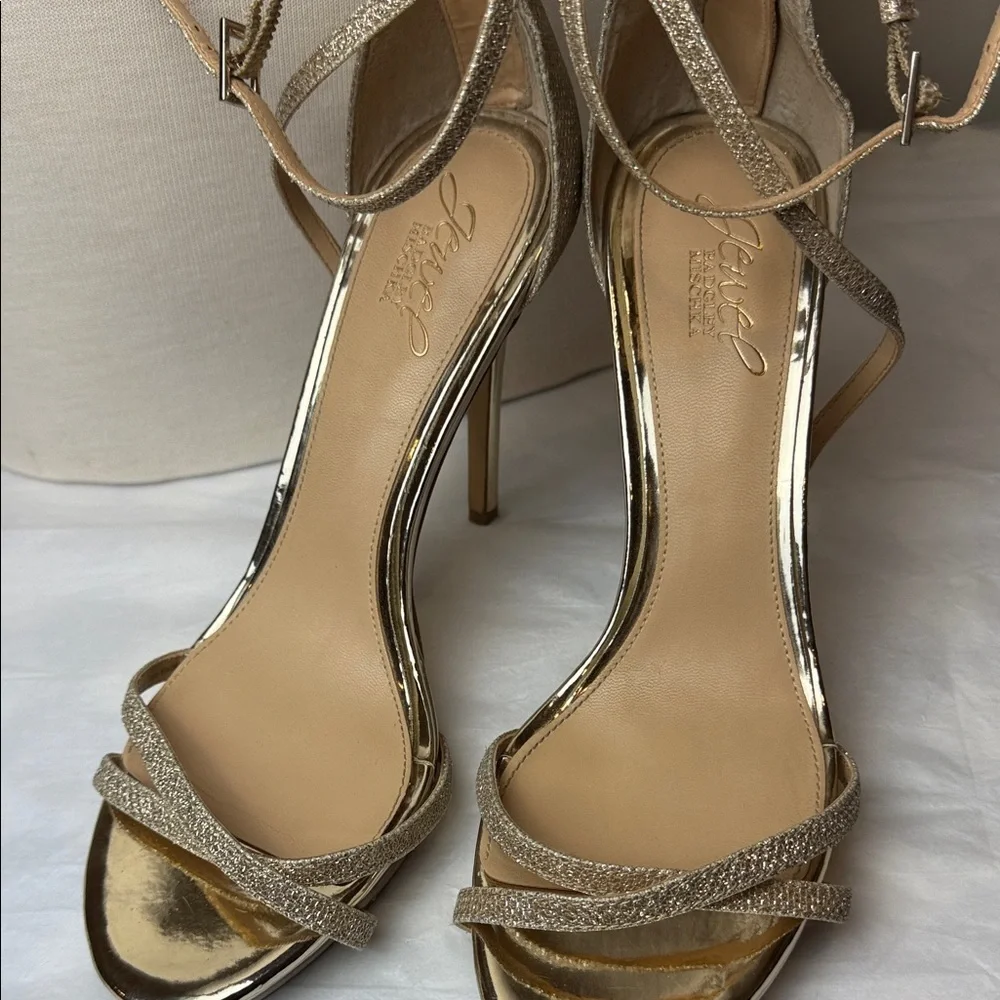 Badgley Mischka Galen Gold Glitter Platform Heels Size 8.5 - Picture 7 of 7